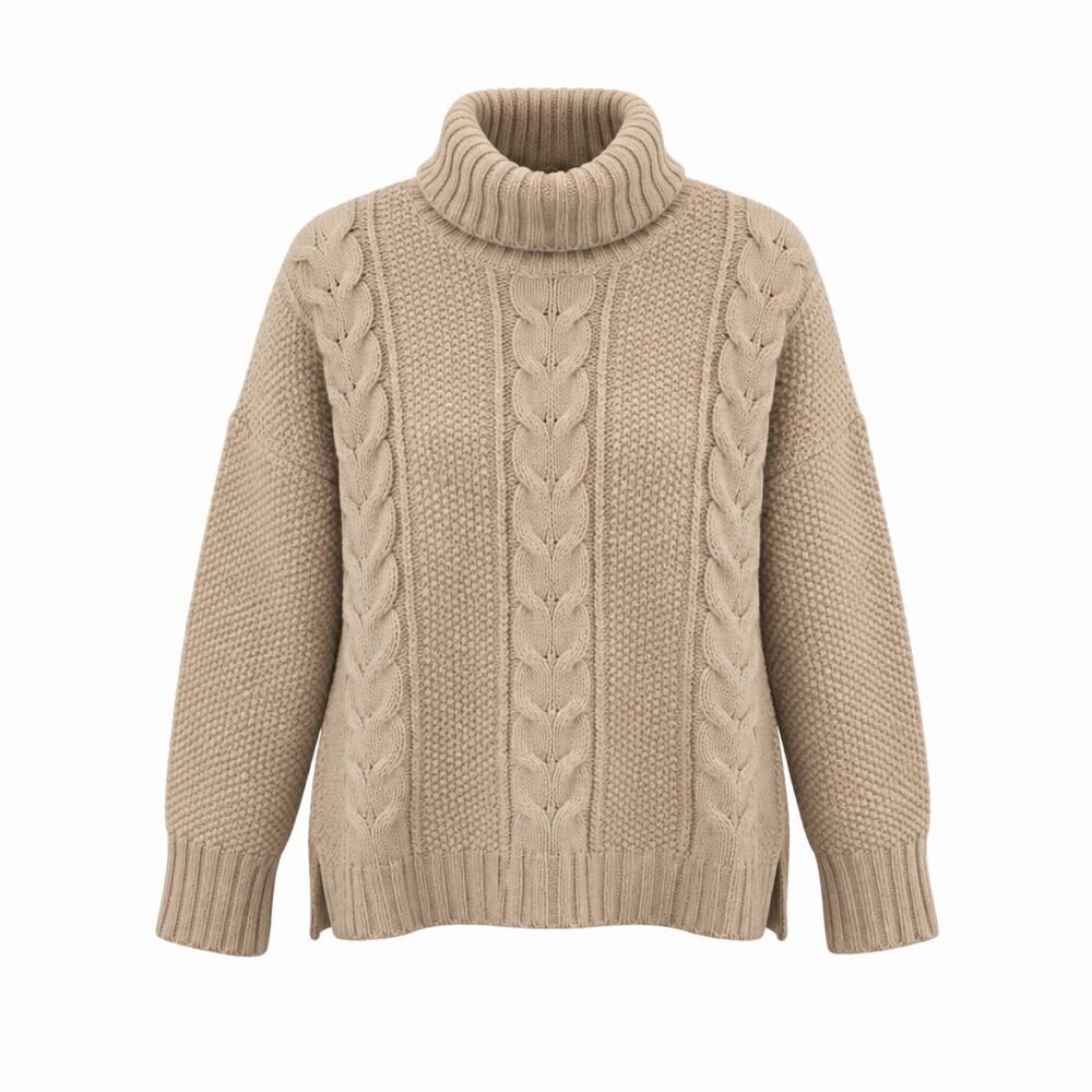 Ann Mashburn Womens Sweater Beige Cable Knit Wool Turtleneck Pullover Medium